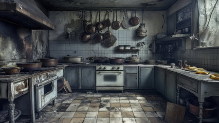 This abandoned kitchen presents a haunting view of decay and neglect, featuring charred pots and grimy surfaces that evoke a sense of lost culinary history.の素材