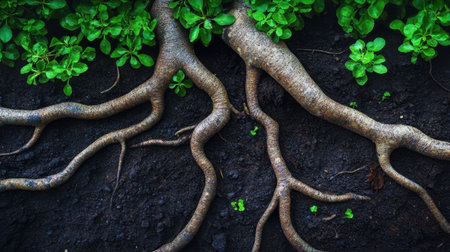 Close-up view of intertwining tree roots emerging from rich, dark soil, adorned with bright green leaves. This image captures the essence of nature's intricate design.の素材