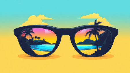 Vibrant sunglasses display a stunning tropical beach landscape at sunset. The colorful reflection in the lenses captures the essence of summer and relaxation.の素材