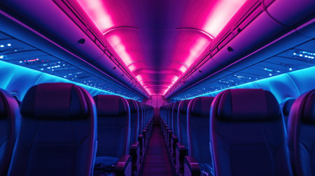 A stunning view of a modern airplane cabin at night, showcasing dynamic ambient lighting in vibrant colors. The rows of empty seats create a serene travel atmosphere.の素材