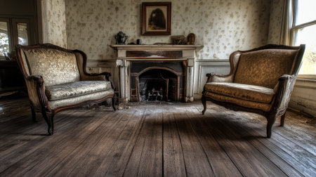 A vintage living room scene featuring two elegant chairs, a rustic wood floor, and a classic fireplace. The ambiance exudes nostalgia and charm.の素材