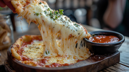 An enticing image of a gooey cheese pizza with melted strands, served with tomato sauce. Perfect for food lovers and culinary enthusiasts.の素材