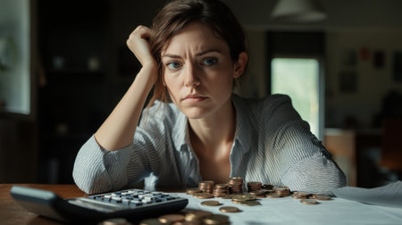A young woman sits at a table surrounded by coins and paperwork, showing signs of stress while calculating her finances. Her expression conveys concern about money management.の素材