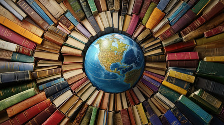 A captivating visual of a globe surrounded by an array of colorful books. This imagery highlights the harmony between literature and global knowledge, inspiring a love for learning.の素材