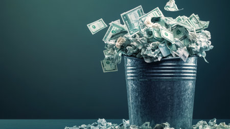 This striking image depicts a metal trash bin overflowing with crumpled dollar bills, symbolizing financial waste, loss, and economic challenges individuals and businesses face.の素材