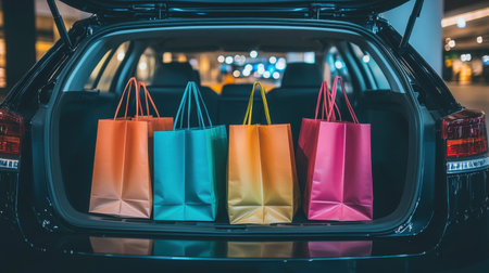 The image showcases vibrant shopping bags neatly arranged in the trunk of a car at night, highlighting urban convenience and a cheerful shopping experience.の素材