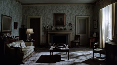 A vintage living room captured in soft natural lighting, showcasing cozy furniture and elegant decor. The atmosphere evokes a serene and inviting feel.の素材