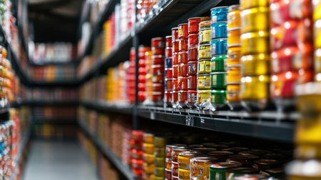 A vibrant display of colorful canned goods arranged on store shelves creates an inviting atmosphere for shoppers in a grocery store aisle.の素材