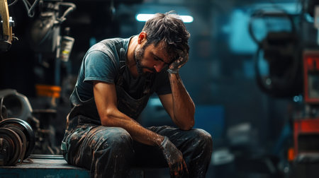 A weary worker sits in a dimly lit workshop, resting his head on his hand. His soiled clothes reflect the hard labor endured in the industrial space, conveying deep emotion.の素材