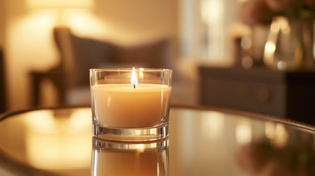 A beautiful candle emits a warm glow in a cozy living room setting, creating a tranquil ambiance. Perfect for relaxation and home decor inspiration.の素材