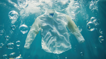 A serene underwater scene showcasing a white shirt floating gracefully among bubbles. The light filters through clear water, creating a tranquil atmosphere.の素材
