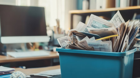 A blue container filled with disorganized paperwork sits on a cluttered office desk, symbolizing the challenges of workspace management and organization.の素材