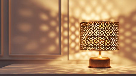 A beautifully designed table lamp casting intricate shadows on the wall, enhancing the cozy ambiance of a modern interior space. Elegant and stylish decor.の素材