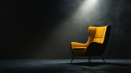 A stylish yellow armchair is illuminated by a soft spotlight in a dark room, creating a captivating atmosphere. Ideal for design and interior projects.の素材