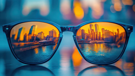Stunning image of stylish sunglasses revealing a vibrant cityscape reflection at sunset, capturing the beauty of urban life and summertime leisure.の素材