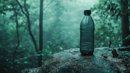 A clear plastic water bottle rests on a rock, surrounded by a serene green forest. The peaceful landscape invites adventure and reflects hydration in nature.の素材