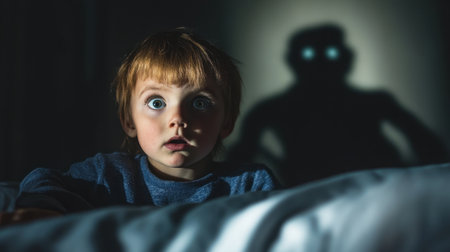 A child gazes in surprise and fear in a dimly lit bedroom. A dark shadow looms behind, creating a suspenseful atmosphere that captures childhood innocence and imagination.の素材
