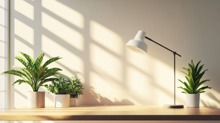 A bright workspace featuring potted plants and a modern lamp creates a tranquil atmosphere. Sunlight casts gentle shadows, enhancing the serene environment.の素材