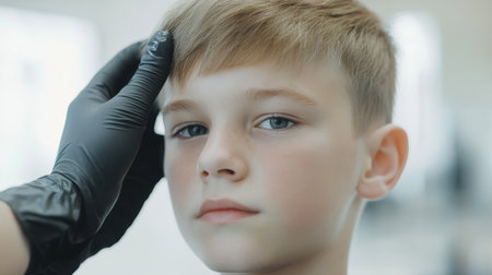 A young boy receiving a hairstyle adjustment in a modern salon. The focused expression highlights professionalism, care, and attention during his grooming session.の素材