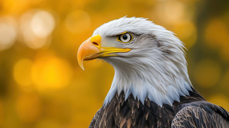 A stunning portrait of a bald eagle, showcasing its intricate feathers and piercing gaze against a warm, golden background. A symbol of strength and beauty.の素材