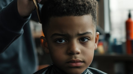A young boy sits attentively in a barbershop as he receives a haircut. His focused expression captures a moment of concentration and innocence, highlighting the grooming process.の素材