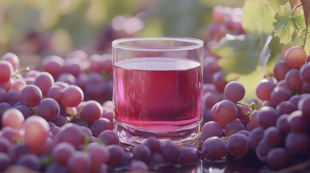 A vibrant glass of purple juice sits among fresh grapes in a sunlit vineyard, showcasing the essence of natural refreshment and summer harvest.の素材