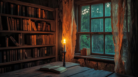 A serene room filled with books and a flickering candle, creating a cozy atmosphere. The window offers a glimpse of nature, enhancing the tranquil setting.の素材
