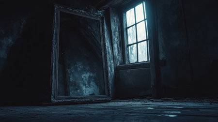 Explore the haunting beauty of a dimly lit room featuring a vintage mirror and an eerie window. This scene captures a mysterious atmosphere with dramatic shadows.の素材