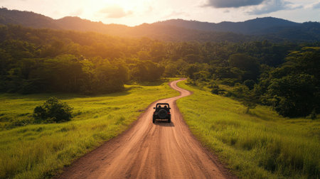Experience the beauty of a winding road through vibrant green landscapes at sunset. Enjoy the tranquility of nature on this scenic drive, perfect for adventure.の素材
