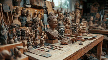 Explore a vibrant artisan workshop filled with intricate wooden sculptures and various craft tools, showcasing the beauty of traditional craftsmanship and design.の素材