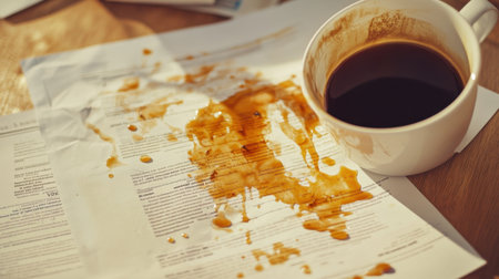 A coffee mug rests on a table near a stained paper document. The mess captures a moment of everyday life, reflecting the relatable chaos of work and relaxation.の素材