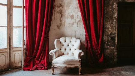 A stunning vintage armchair with elegant detail sits against rich red velvet curtains, creating a warm and inviting ambiance in a beautifully aged room.の素材
