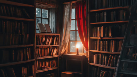 A serene library scene showcasing wooden shelves filled with books, a warm candle flickering on a table, and soft light filtering through a window, inviting tranquility.の素材