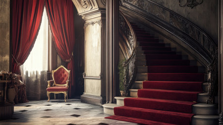 Experience the luxurious beauty of a grand staircase adorned with rich red drapes and elegant details, creating a timeless ambiance of sophistication and style.の素材