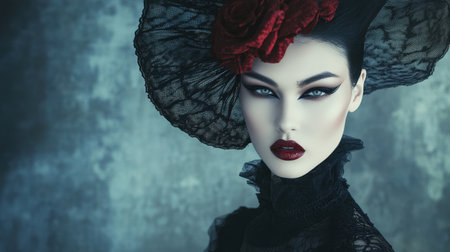 A captivating portrait of a woman with a dramatic look, featuring bold makeup and a delicate black hat adorned with roses set against a textured backdrop.の素材