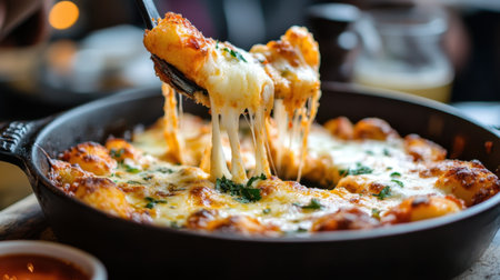 A savory cheese dish served steaming hot in a skillet, showcasing melted cheese and fresh garnish. Perfect for sharing, dining occasions, and comfort food lovers.の素材
