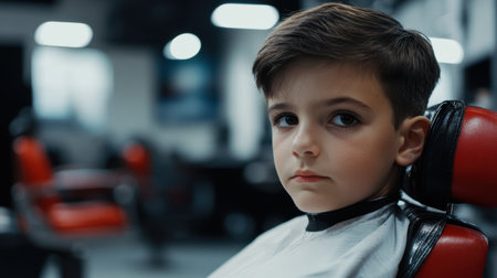 A young boy sits in a barber chair with a serious look in a modern salon. The soft lighting highlights his features, creating a calm and thoughtful atmosphere.の素材