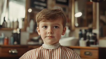 A young boy sits in a barbershop with a classic striped cape draped over him. His neutral expression captures a moment of calm during a grooming session amid barber tools.の素材