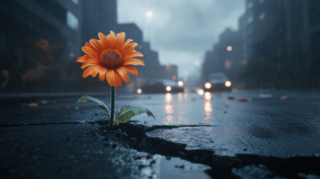 A striking orange flower bravely emerges from cracked asphalt on a rainy urban street, symbolizing resilience and beauty amidst challenges in a moody setting.の素材