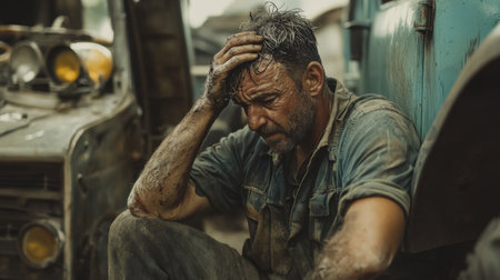 A rugged man takes a moment to reflect during a hard day's work. His exhausted expression and dirty hands convey the effort and emotion of labor in a challenging outdoor environment.の素材