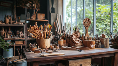A beautifully arranged wooden workshop filled with various tools and crafts. Natural light pours in, creating an inspiring atmosphere for creativity and artistry.の素材