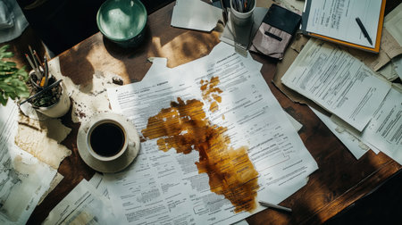 A chaotic desk scene featuring stained papers, a coffee cup, and scattered documents, illuminated by soft natural light, creating a cozy workspace atmosphere.の素材
