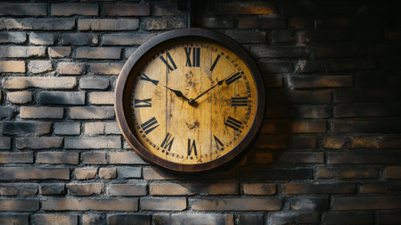 A rustic wooden clock set against a vintage brick wall creates a cozy ambiance. The timepiece features roman numerals and classic craftsmanship, enhancing its aesthetic appeal.の素材