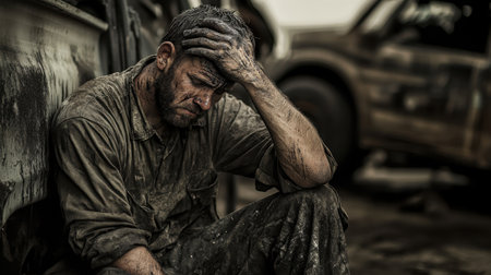 A weary worker sits in a moment of despair beside abandoned vehicles. His dirt-covered attire reflects the hard labor and struggles faced in the industry.の素材