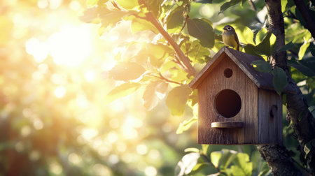 A delightful wooden birdhouse sits atop a tree branch with a bird perched nearby, illuminated by warm sunset light, creating a tranquil and beautiful scene.の素材