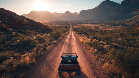 A stunning view of a dirt road stretching through a vast desert landscape, with a jeep parked at sunset, capturing the essence of adventure and tranquility.の素材