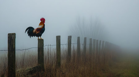 A vibrant and colorful rooster stands proudly on a rustic wooden fence in a foggy morning landscape, creating a serene and tranquil scene in nature.の素材