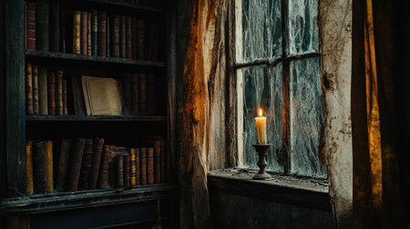 A serene candlelit scene in a dusty room filled with old books and cobwebs, evoking a sense of mystery and nostalgia in an abandoned space.の素材
