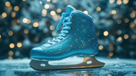 A stunning blue ice skate glistens on an icy surface, surrounded by a soft bokeh background. Perfect for winter sports themes, decorations, or holiday visuals.の素材