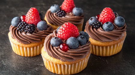 A delightful display of chocolate cupcakes adorned with fresh berries. Each cupcake features rich chocolate frosting and vibrant raspberries, blueberries, and blackberries, making it a perfect sweet treat for any celebration.の素材